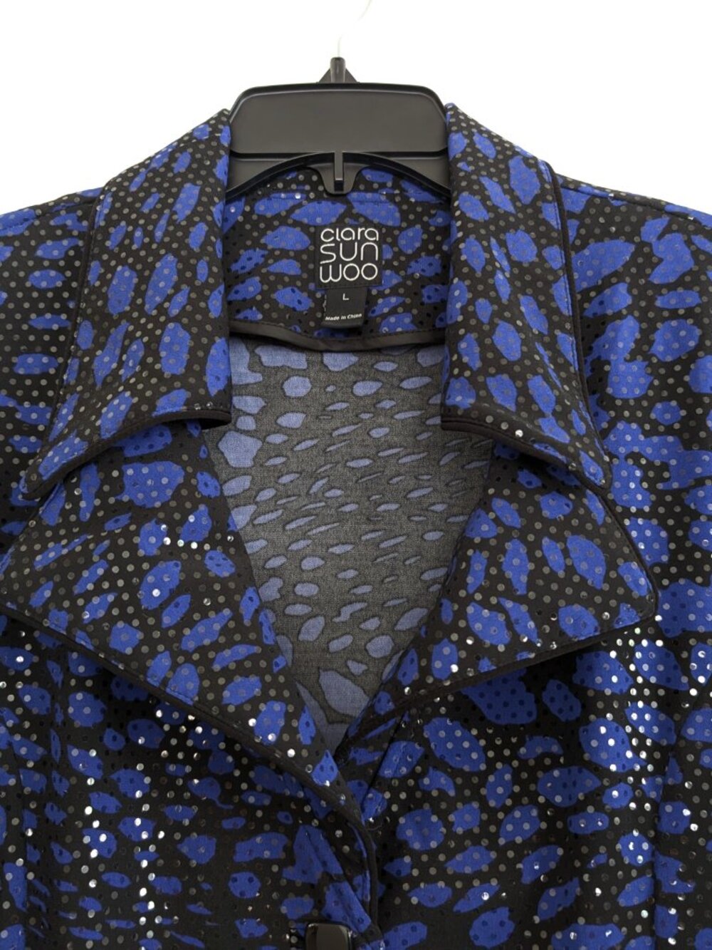 CLARA SUN WOO Jacket L Blue Black Sequin Button Shine Evening Designer - Picture 2 of 10